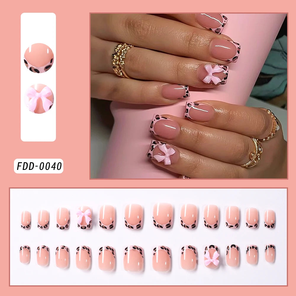 24Pcs White French Press On Nails 3D Bow Design Full Cover Wearable False Nails Short Square Head Ballet Fake Nails For Women.