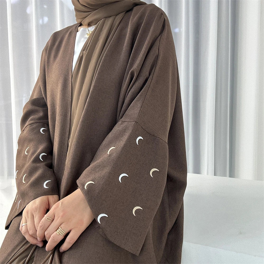 Moon Embroidery Open Abaya 2024 New Luxury Kimono Coat Hijab Muslim Sets for Women Islam Retro Modest Clothing for Party Kebaya.
