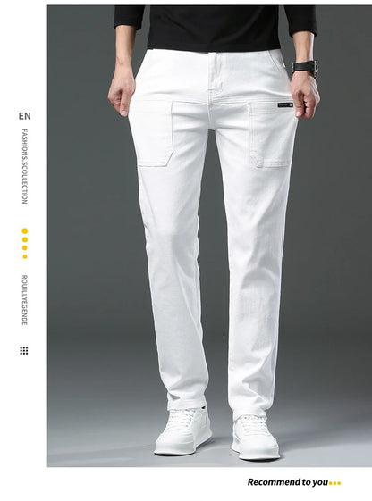 Spring and Autumn Men's Multi-Pocket Design Jeans Fashionable and Versatile White Khaki Red Comfortable Stretch Denim Pants.