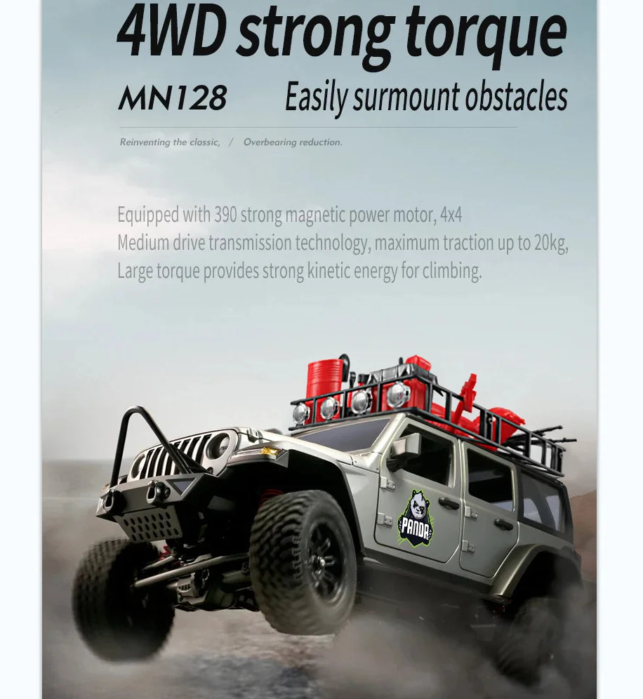 1/12 MN128 RC Car 4WD Jeep Model 2.4G Remote Control LED Light 4X4 Off Road 4WD Climbing RC Truck Electric Toy Car Gift for Boy.