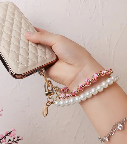 26cm Leather Pearl Camellia Mobile Phone Charm Bracelet Chain Anti-lost Universal Cell Phone Strap Rope Pendant Metal Key Chain.