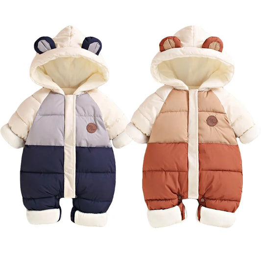 Neue Baby Gepolsterte Warme Strampler Winter Jungen Mädchen Dicke Plus Samt Overalls Winddicht Mit Kapuze Overalls Schneeanzug Einteiliger Body