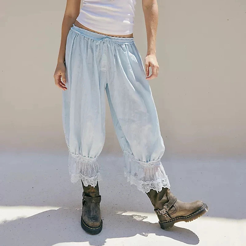 Combhasaki Women's Y2K Loose Fit Bloomers Cropped Pants Drawstring High Waist Floral Lace Patchwork Calf-Length Lantern Trousers.