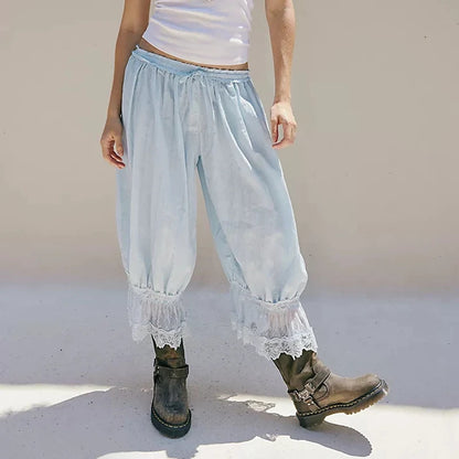 Combhasaki Women's Y2K Loose Fit Bloomers Cropped Pants Drawstring High Waist Floral Lace Patchwork Calf-Length Lantern Trousers.