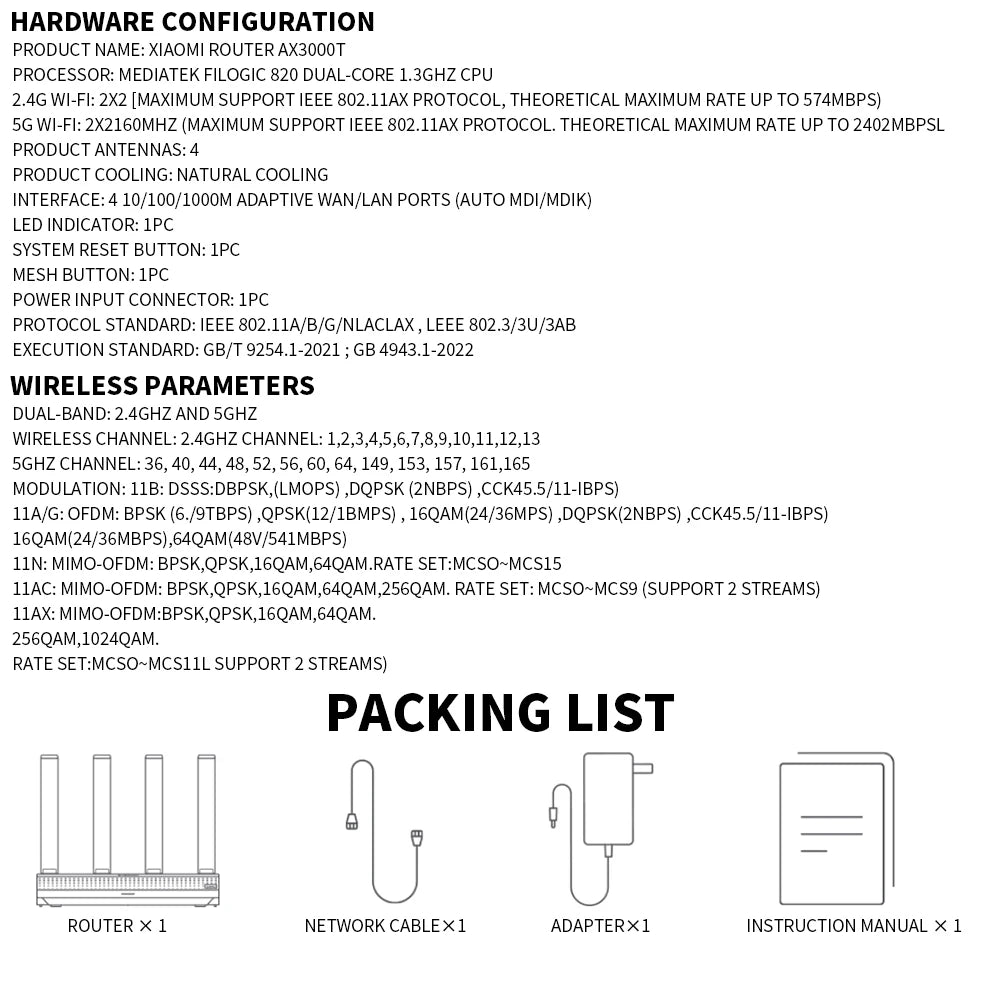 2024 NEW Original Xiaomi AX3000T Router 5GHz 160MHz Broadband 1.3GHz Processor High Speed NFC Connection For Home Office Games