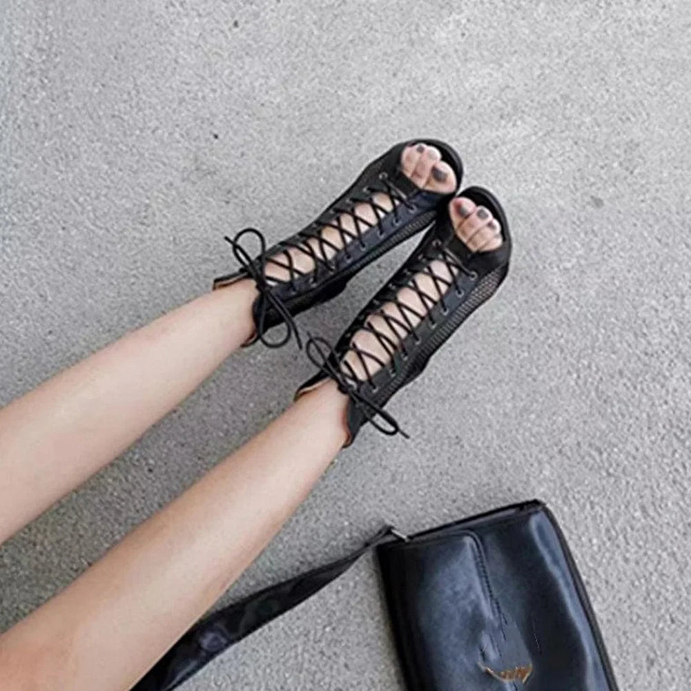 Women Mesh Sandals Breathable High Top Sandals Peep Toe Dance Shoes High Heel Summer Booties for Ballroom.
