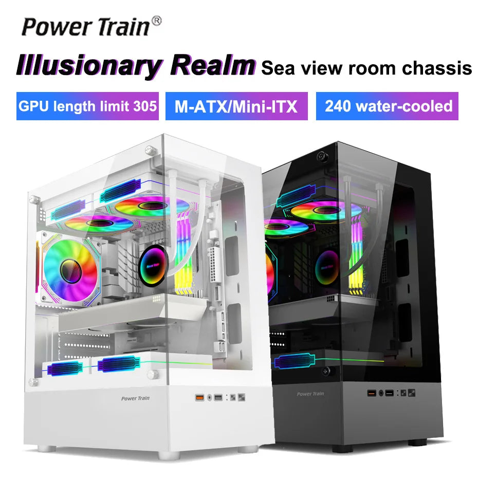Power Train Illusionary Realm Computer Case M-ATX/ITX Seaview Room Side Transparent Desktop Chassis Support 240 Water Cooler.