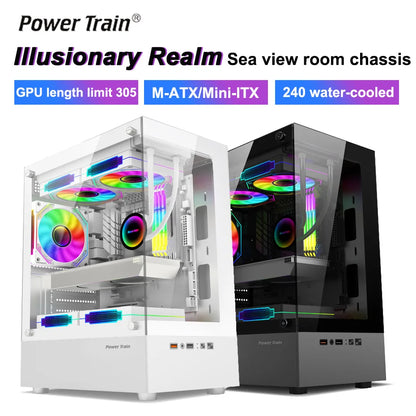 Power Train Illusionary Realm Computer Case M-ATX/ITX Seaview Room Side Transparent Desktop Chassis Support 240 Water Cooler.