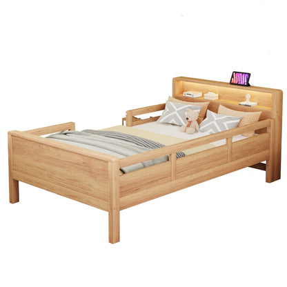 Multifunktions-Holzbett, USB- und Tape-C-Kombinationssteckdose, kleines LED-Licht, Kopfteil mit Einlagerfunktion, Einzelbett