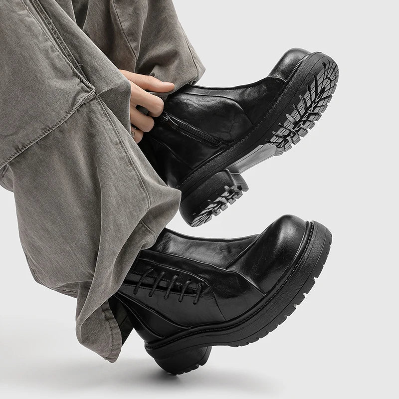 Autumn Winter Mens Ankle Boots Genuine Leather  Platform Chelsea Boots Street Style Male Motorcycle Boots High Top Walking Shoes.