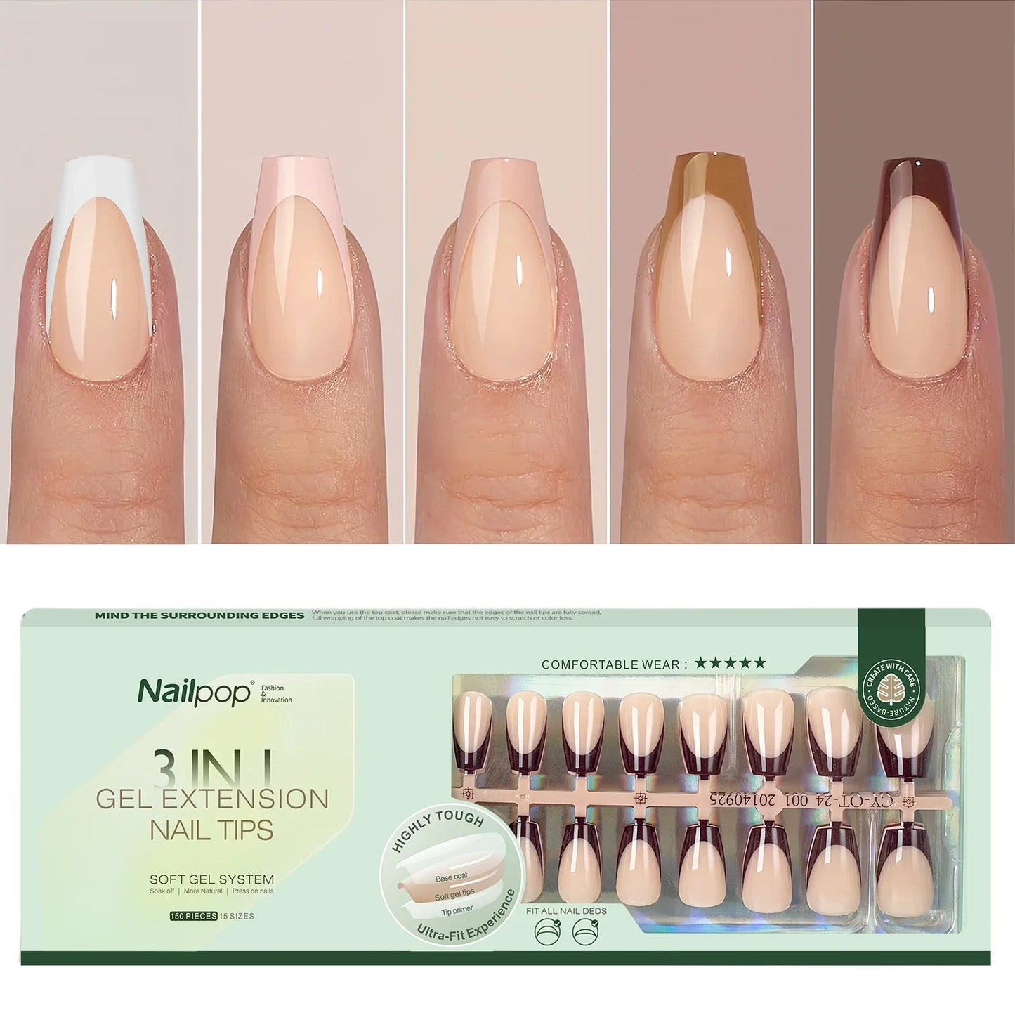 Nailpop 150Pcs French Gel Nail Tips Medium Almond Pre-Colored Press on Nails Skin Tones Soft Gel Nails False Nail Extensions