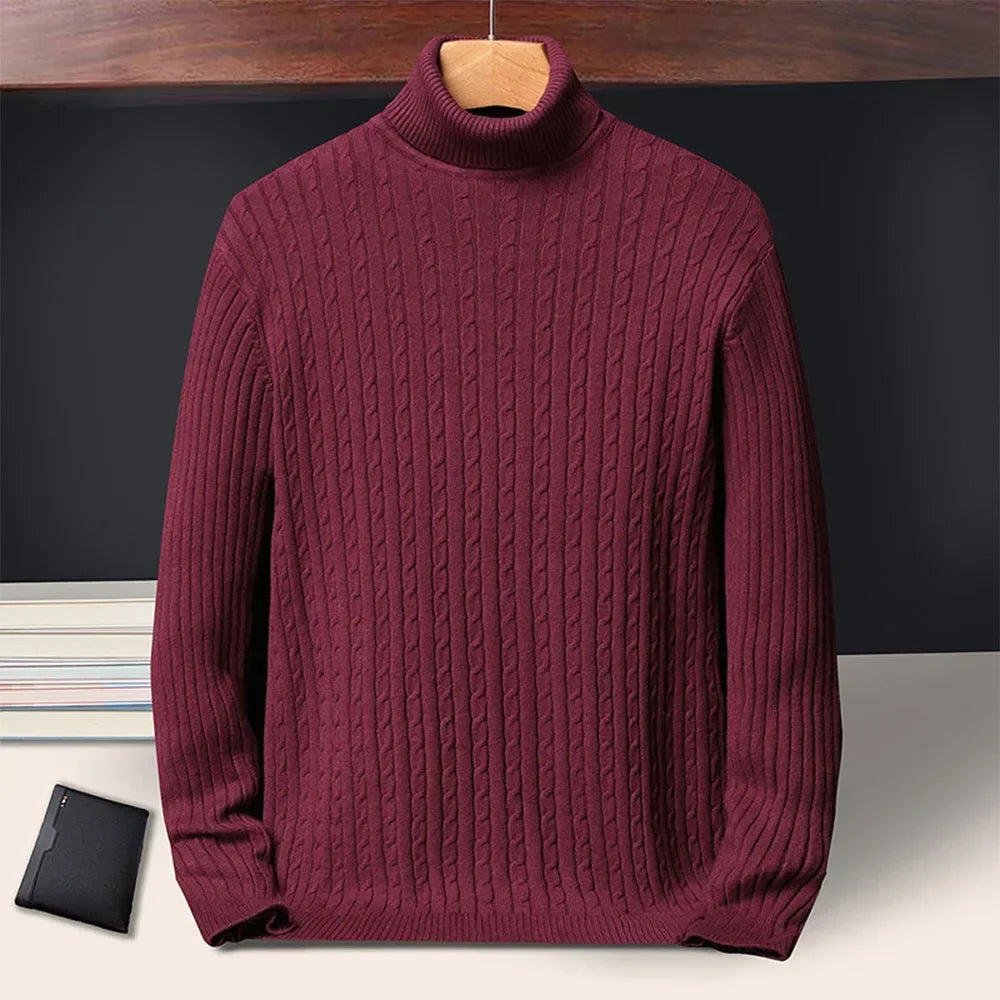 Autumn Winter New Men's Roll neck Sweaters Knitted Jacquard Pullover Warmth Long Sleeved Solid Color Classic Casual Clothing.