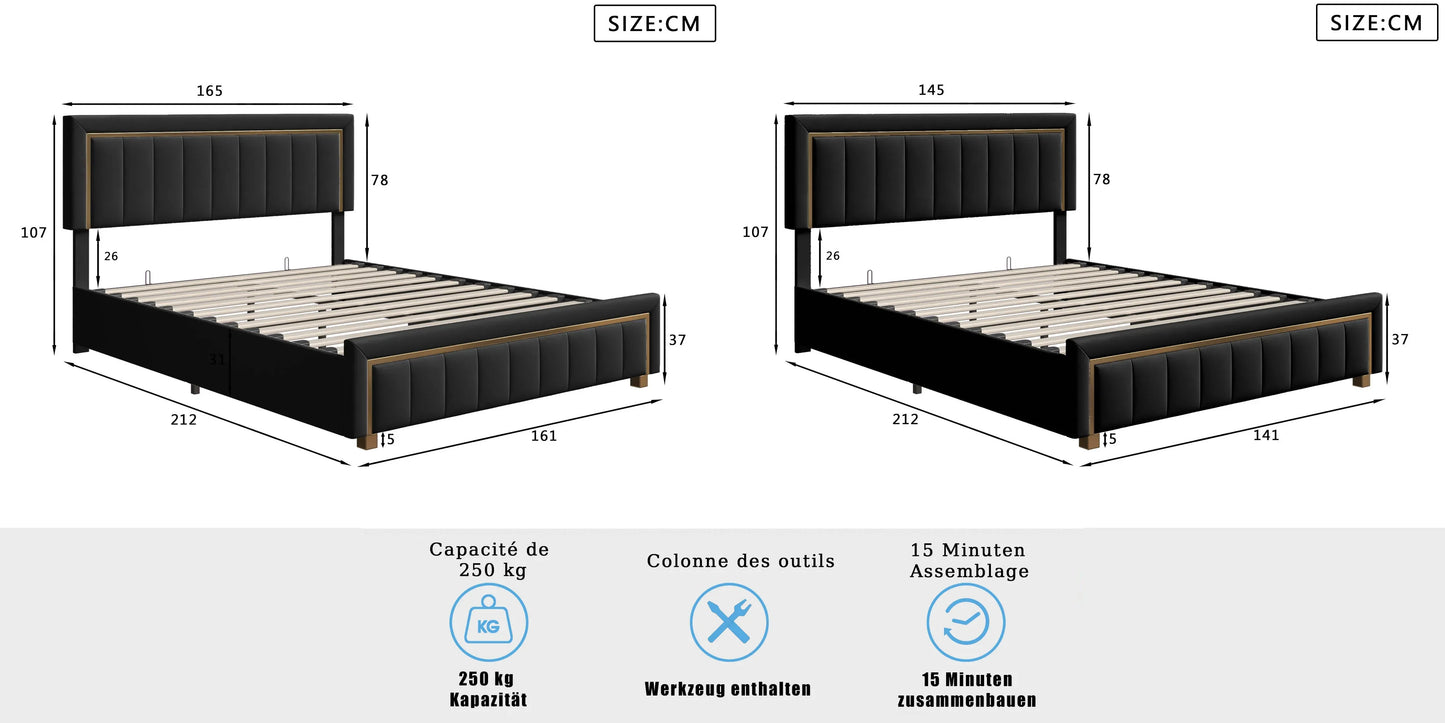 Lazyspace Elegantes Hydraulikbett, samtstoff gepolstertes Doppelbettgestell, mit Stauraum, Bettkasten, Kopfteil mit Lattenrost