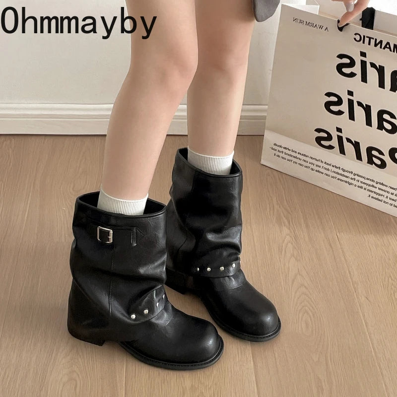 Winter Pleated Women Western Ankle Boots Fashion Rivet Belt Buckle Shoes Ladies Concise Vintage Thick Heel Short Booties.