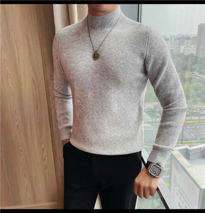 Half Turtleneck Sweater Men with Striped Wool in Autumn Winter Thickened Slightly Loose Base Knitted.
