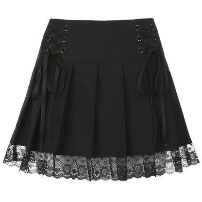 Girl Retro Pleated Skirt Lace Up High Waist Plaid Mesh Stitching Hem Y2K Aesthetic Gothic Black Mini Skirts Bodycon