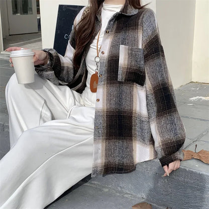 Zjaiss Women Thick Woolen Plaid Blouse Loose Long Sleeved Tops 2025 Autumn Winter New Casual Shirt Long Shirts.