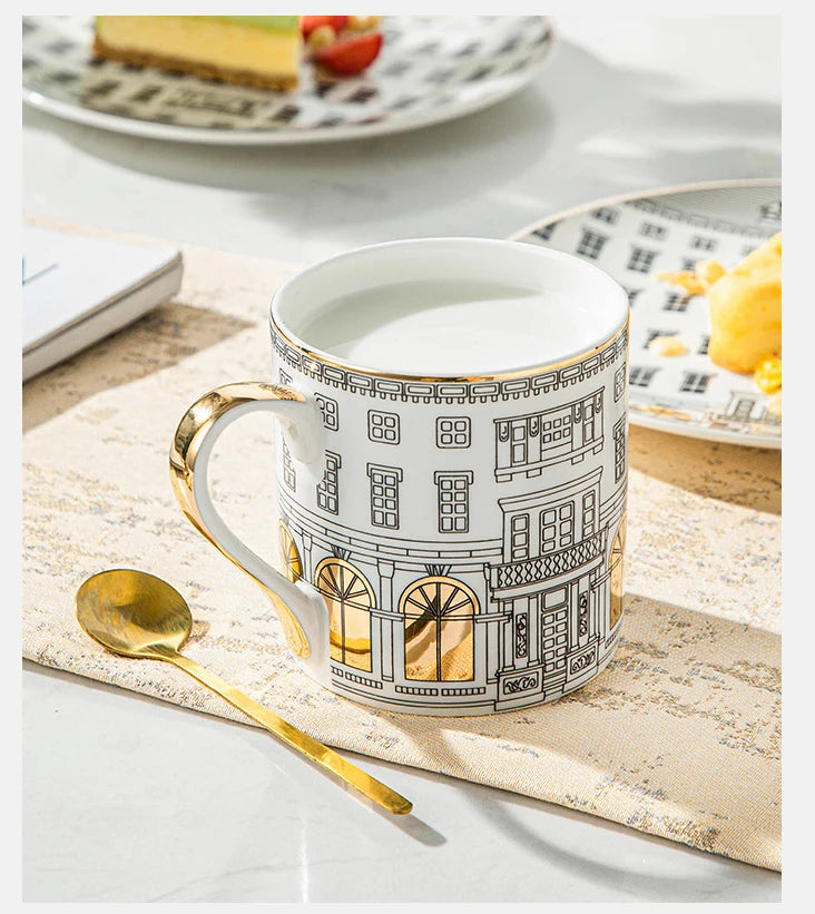 European-style Roman Architecture Ceramic Disc Coffee Cup Snacks Main Course Plate Kitchen Tableware Coffee Mug Storage Tray.