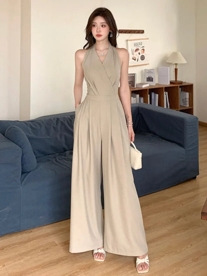 Women Clothes Elegant Sexy Halter Backless Folds Slim Wide Leg Loose Rompers Summer Solid Casual One Piece Long Jumpsuits.