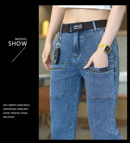 Men Cargo Pants Slim Stretch Jeans Multi Pocket Fashion Streetwear Designer Skinny Male Denim Trousers Brand Clothes Blue Black.