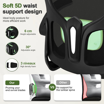 AUTHMIC Ergonomischer Bürostuhl, verstellbare Netzrückenlehne, verstellbare Lordosenstütze, hochdichter Schaumstoffsitz, Heimarbeitskomfort