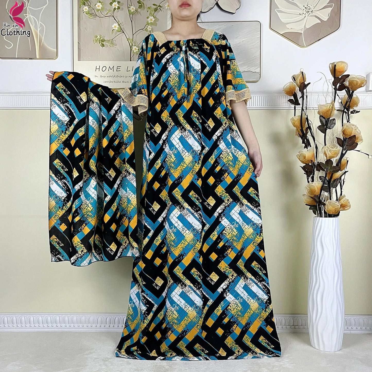 New Muslim Dubai Elegant Dress Summer Short Sleeve African Abaya Printing Cotton Loose Femme Robe Islamic Dresses With Scarf