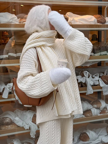 Bornladies Herbst Winter Mode frauen Neue Zopfmuster Pullover Breite Bein Hosen Set Weiche Wolle Mischung Lose Fit High Neck Pullover