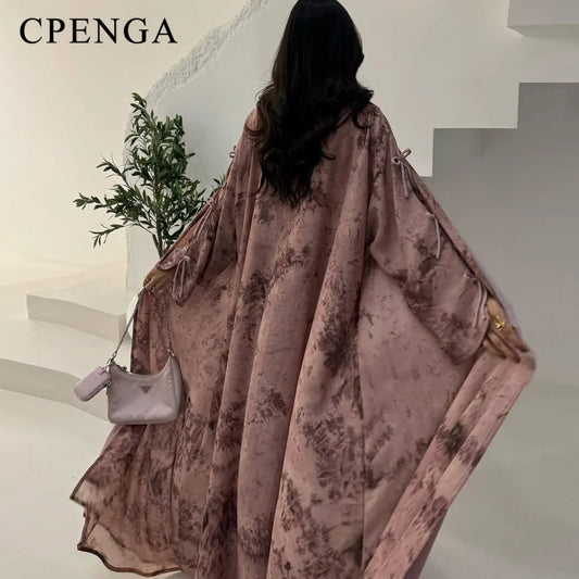 2025 sommer Arabisch Frauen Muslimische Kleidung Ramadan Dubai Offene Abaya Kleid mit Hijab Islam Gedruckt Chiffon 2 Stück Outfit