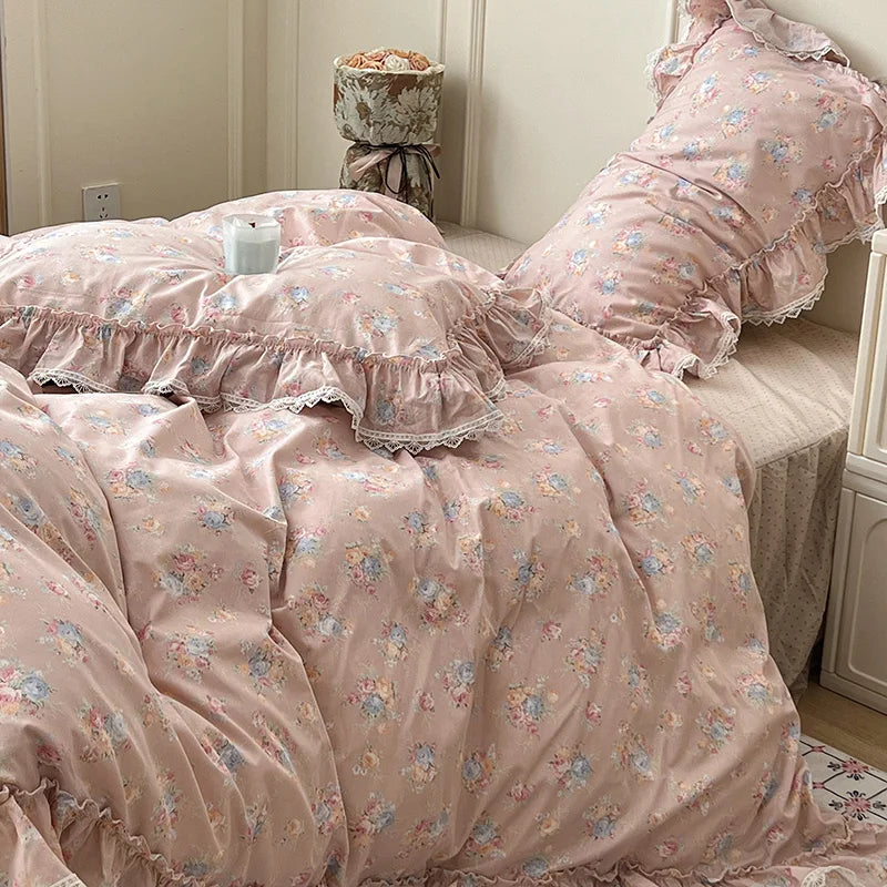 Korean Princess Style Ruffles Flower Print Bedding Set Duvet Cover Set Bed Skirt Bedspread Pillowcases 100% Cotton Home Textile.