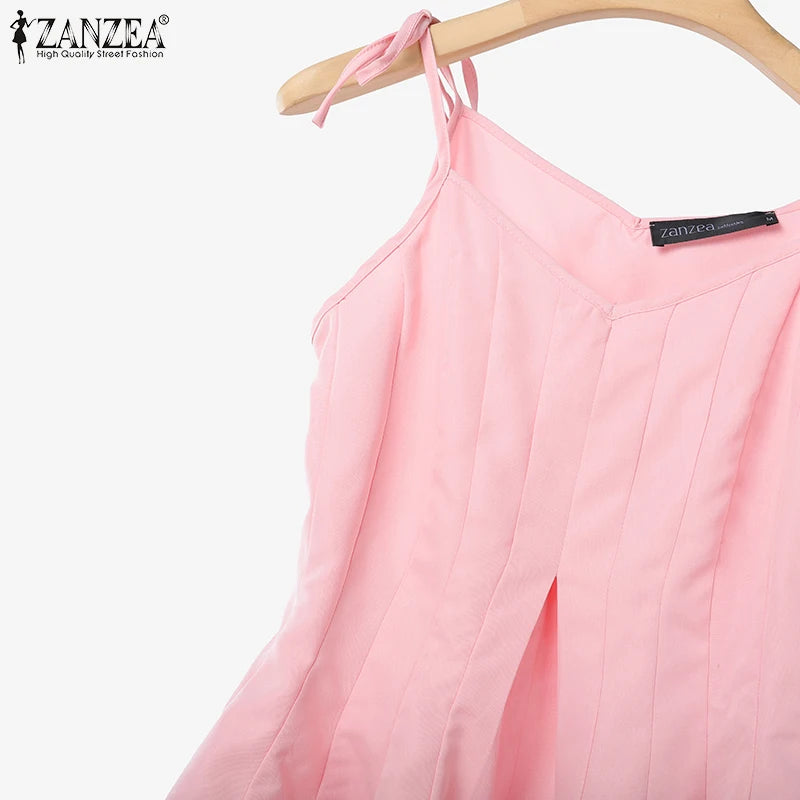 ZANZEA Women Stylish 2 Pieces Pant Sets Spaghetti Straps V-Neck Ruffled Camisole Tops & Wide Leg Pants 2pcs Suits Woman Outfits.