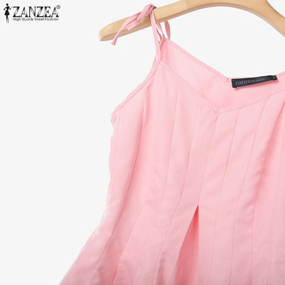 ZANZEA Women Stylish 2 Pieces Pant Sets Spaghetti Straps V-Neck Ruffled Camisole Tops & Wide Leg Pants 2pcs Suits Woman Outfits.