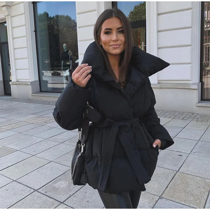 Fashion Lace Up Baumwolle Mantel Frauen Feste Revers Casual Langarm Tasche Lose Warme Kurze Mäntel Dame Winter Neue Straße Oberbekleidung