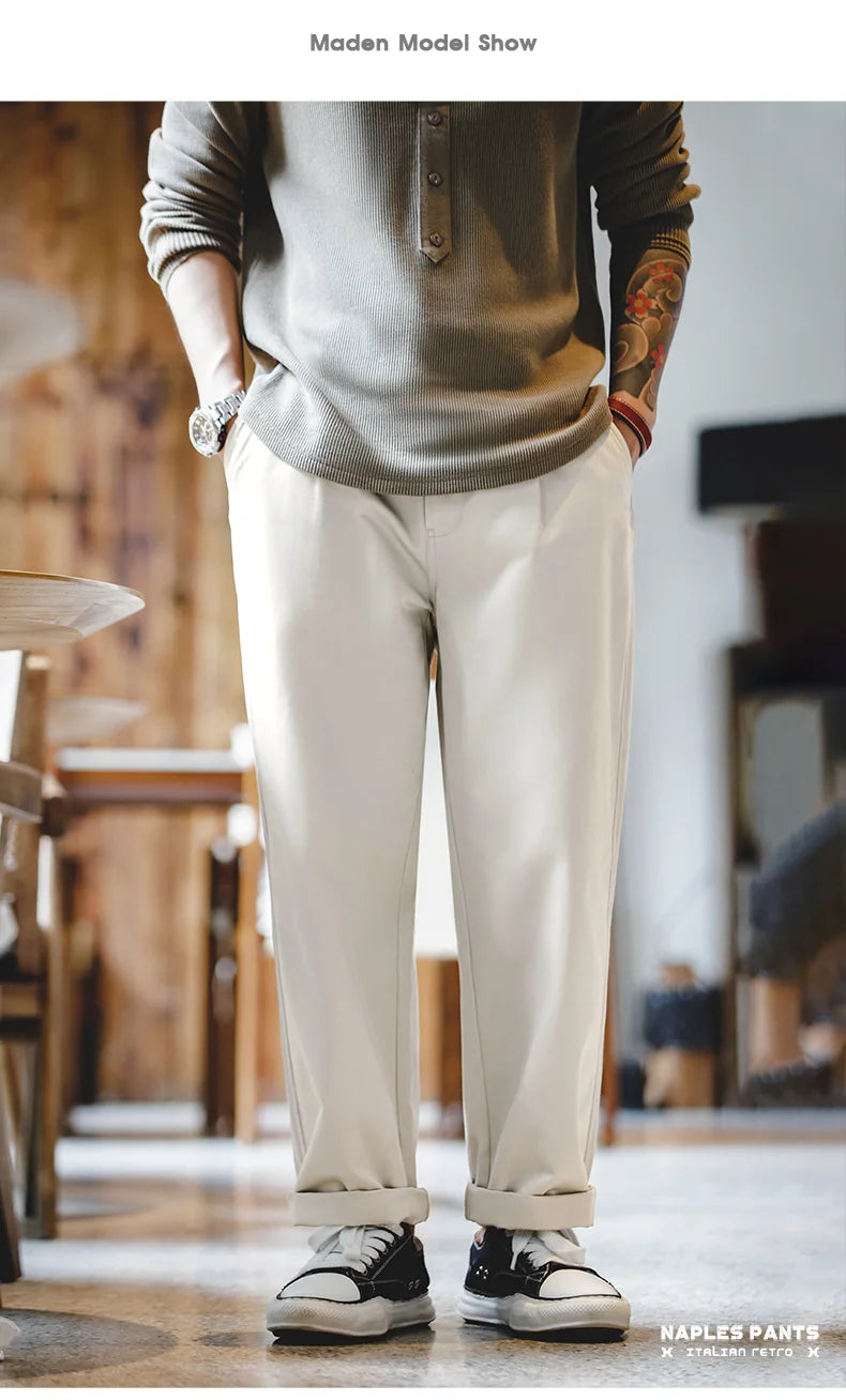 Maden Vintage Gentleman Naples Pants Korea Fashion Casual  Paris Button Straight Wide Trousers 100% Cotton Solid Work Suit Pants.