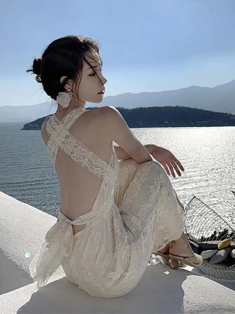 Women Beige Elegant Backless Pleated Lace Jumpsuit Summer V Neck Sleeveless High Waist Wide Leg Long Pant Rompers Sexy Club Chic.