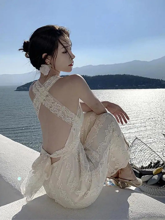 Women Beige Elegant Backless Pleated Lace Jumpsuit Summer V Neck Sleeveless High Waist Wide Leg Long Pant Rompers Sexy Club Chic.