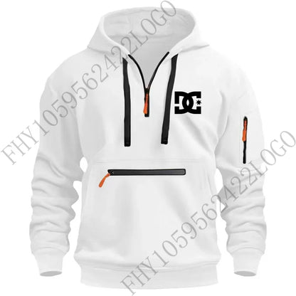 New men's hooded sportswear for autumn and winter 2025, long-sleeved multi-zipper pocket outdoor fishing casual pullover.