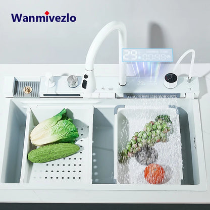 Multifunktionaler digitaler fliegender Regenhahn, weiß, doppelter Wasserfall, Edelstahl-Waschbecken, Küchenspüle, geprägt, großer Einzelschlitz