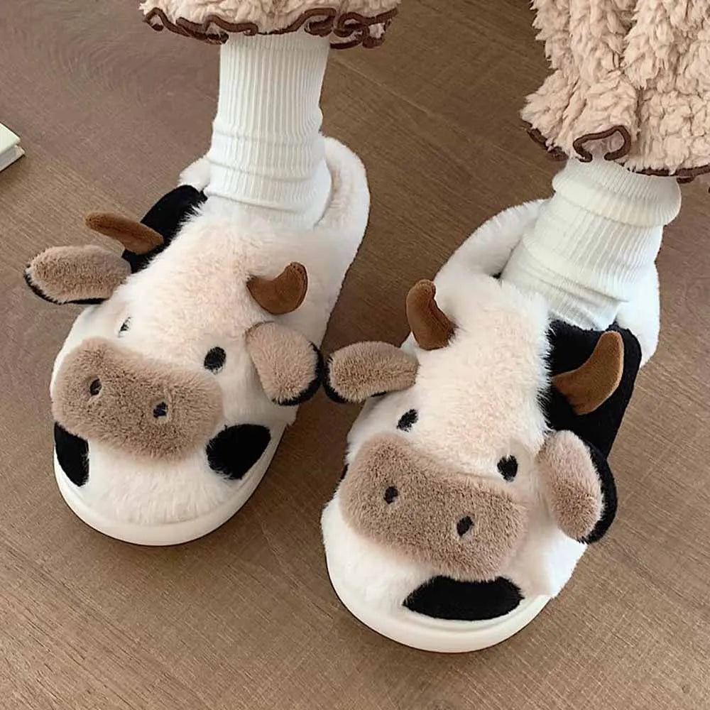 Shevalues Plush Cartoon Milk Cow Slippers Winter Women Slippers Furry Non-Slips Women Cotton Slides Couples Soft Cozy Flat Shoes.