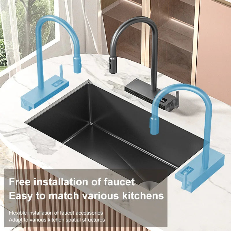 Black Stainless Steel Kitchen Sink Waterfall Sink dishwashing Basin Large Single Sink Household Sink Under The Counter Sink