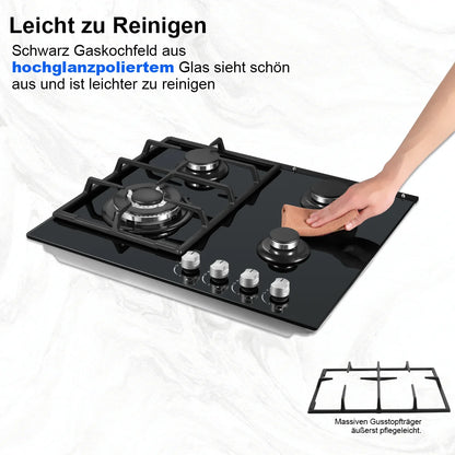 ‌58cm Gas Hob | 4 Burner Dual Fuel (NG/LPG) 8060W Auto Flame Shut-off & Tempered Glass Surface | Built-in/Freestanding 220-240V.