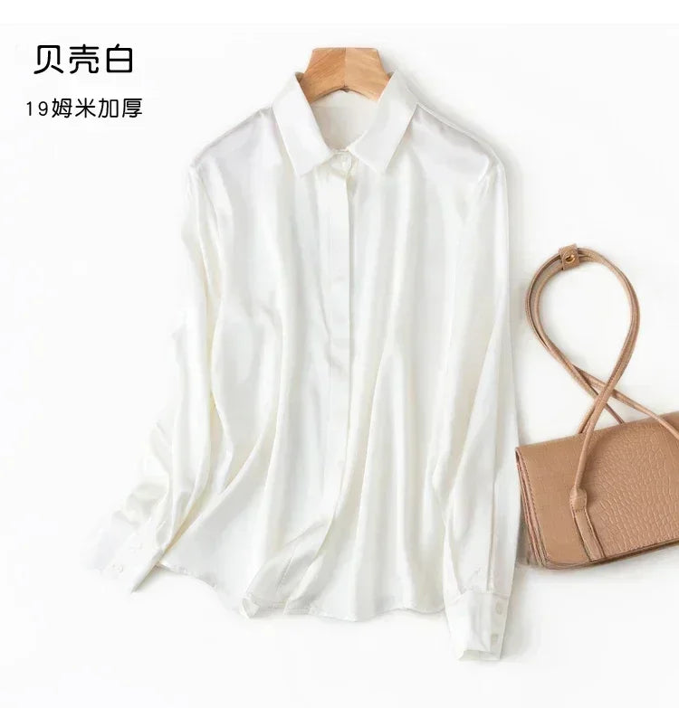 Tajiyane Damen-Langarmshirt aus 93 % Maulbeerseide, 7 % Elasthan, 19 Momme, Satin-Seidenknöpfe, Oberteil, Bluse, Büroarbeit, Chemise Femme