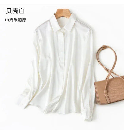 Tajiyane Damen-Langarmshirt aus 93 % Maulbeerseide, 7 % Elasthan, 19 Momme, Satin-Seidenknöpfe, Oberteil, Bluse, Büroarbeit, Chemise Femme