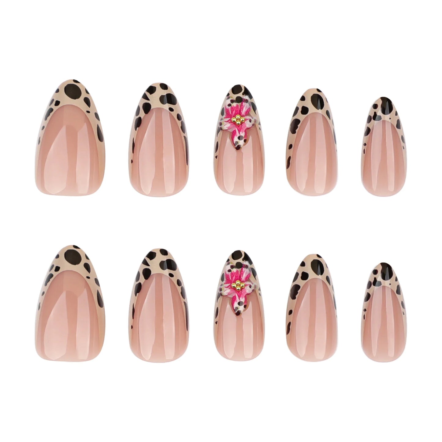 24pcs Brown French Leopard Print Press On Nails Stereo Pink Flower Designs Autumn False Nails Sweet Cool Almond Fake Nail Tips.