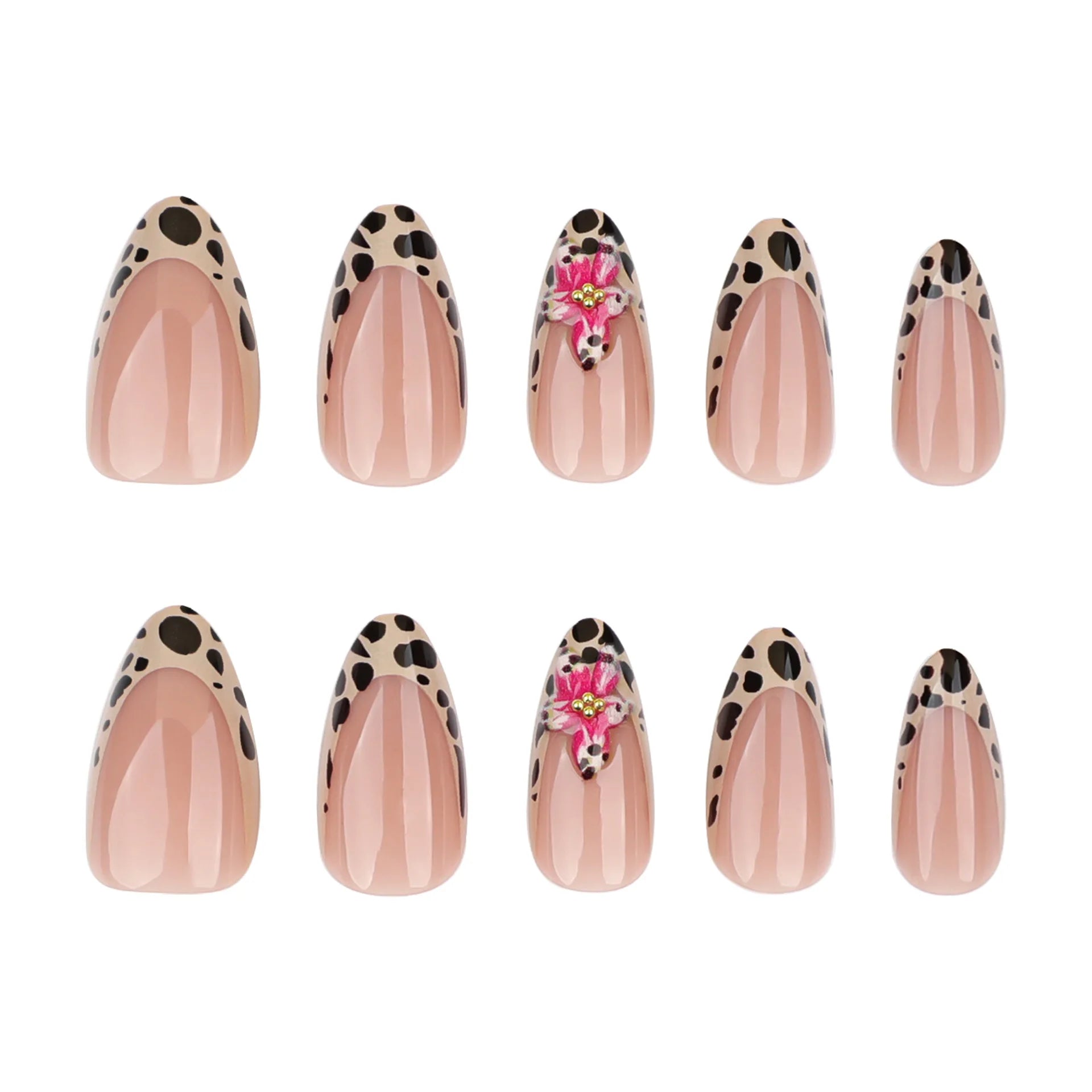 24pcs Brown French Leopard Print Press On Nails Stereo Pink Flower Designs Autumn False Nails Sweet Cool Almond Fake Nail Tips.