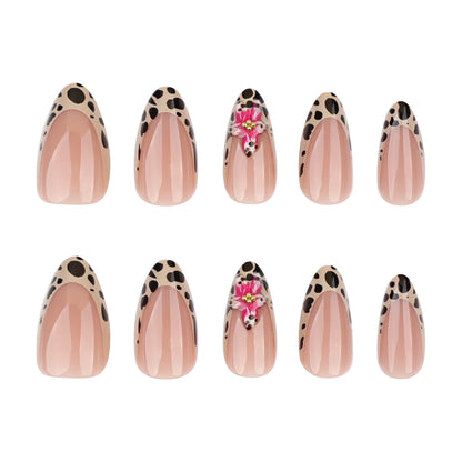 24pcs Brown French Leopard Print Press On Nails Stereo Pink Flower Designs Autumn False Nails Sweet Cool Almond Fake Nail Tips.