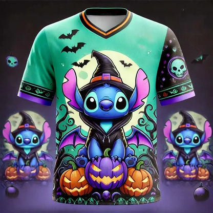 Disney Women's Men's Sports Jersey Halloween Stitch Print Short Sleeve Summer Graphic Tee Children Cartoon Size Sport T-Shirt.