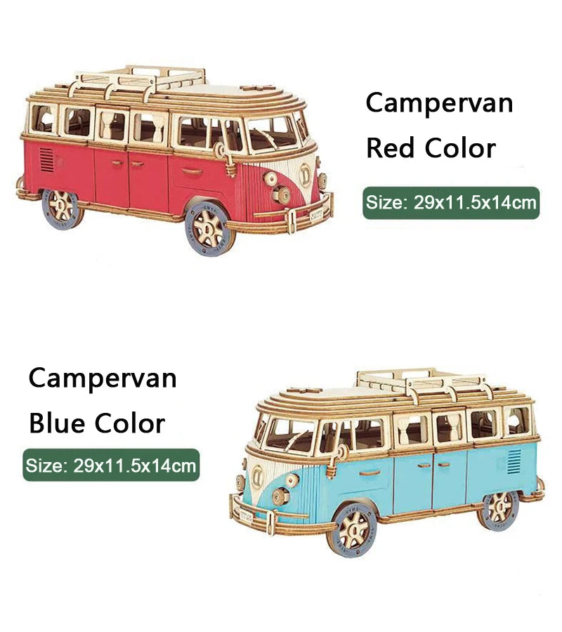 Retro Bus European-style Campervan 3D Wooden Car Puzzle DIY Sailing Ship Airplane Building House Model Jigsaw Toys For Children.
