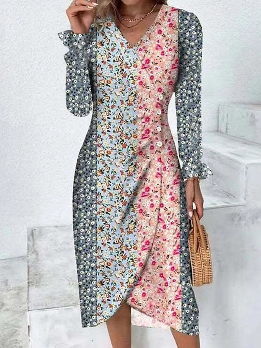 Frühling Floral Bodycon Midi Kleid Für Frauen V-ausschnitt Langarm Rüschen Slim Fit Kleider Weibliche Sexy Vestido Robe.