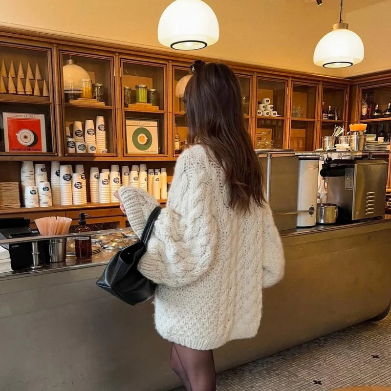 Casual Twists Stricken Oversize-Pullover Frauen Oansatz Lange Flare Hülse Lose Solide Pullover 2025, Herbst Winter Vintage Pullover
