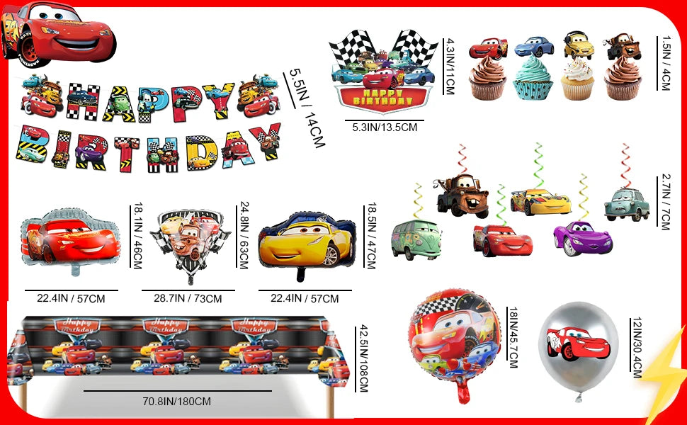 Lightning McQueen Partydekorationen, 38 Stück Lightning McQueen Partyzubehör – Auto-Banner, Tischdecke, Ballon usw. Partyzubehör für Autos.
